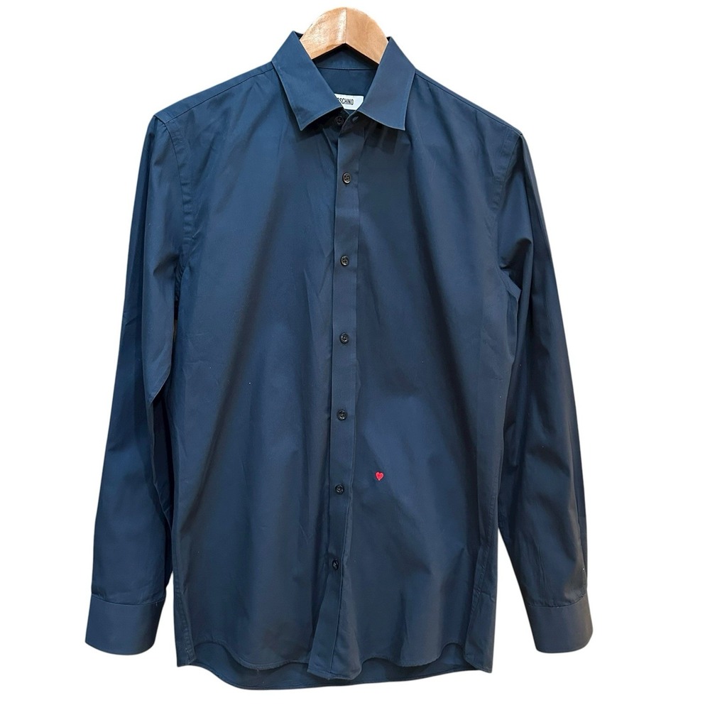 Moschino Mens 38/SM‎ Navy Blue w/Red Heart Embroidered Button Down Shirt Career